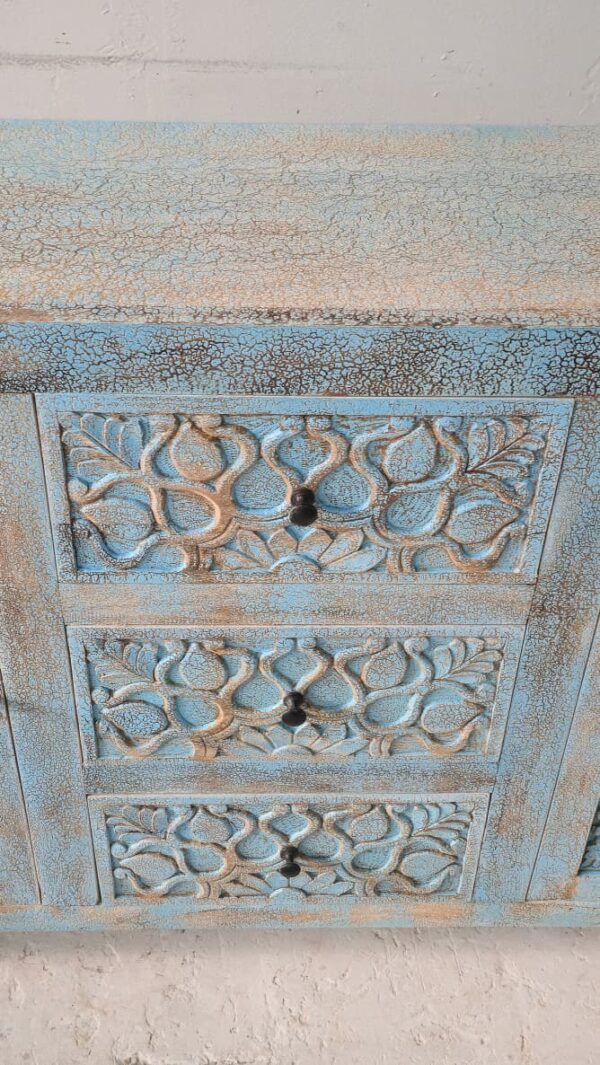 Wooden Carved Sideboard in blue rustic finish – The Grand Trunk